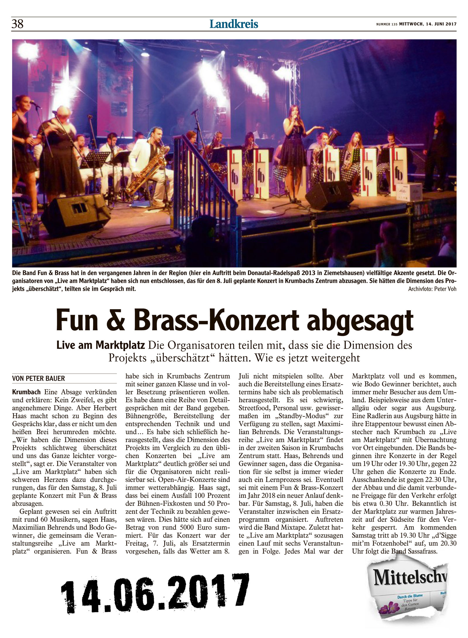 Fun & Brass Open Air leider abgesagt -  live am Marktplatz 2017 06 14 Mittelschwaebische Nachrichten